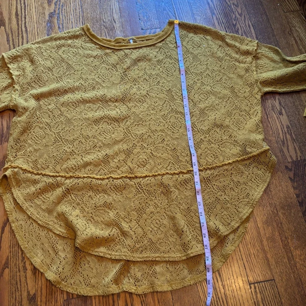 Free People Mustard Yellow Lace Knit Crochet Sweater Boho Slouchy Pullover Top